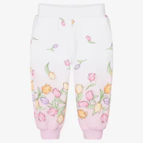 Girls Pink & White Cotton Floral Joggers