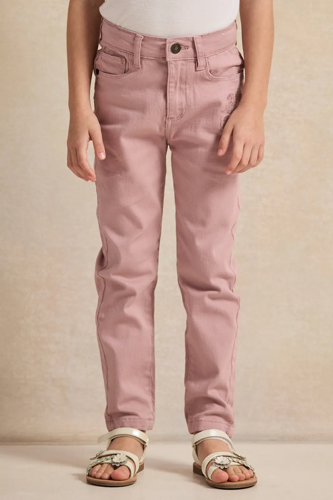 Girls Pink Embroidered Slim Fit Trousers