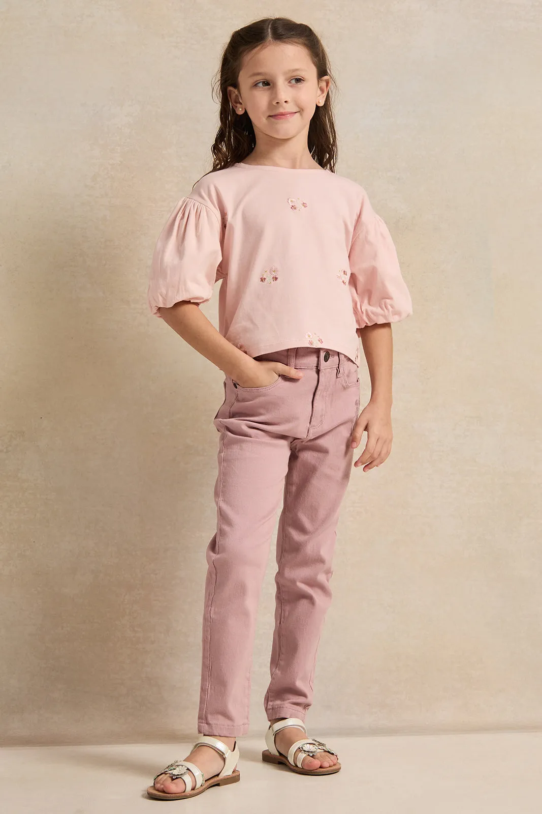 Girls Pink Embroidered Slim Fit Trousers