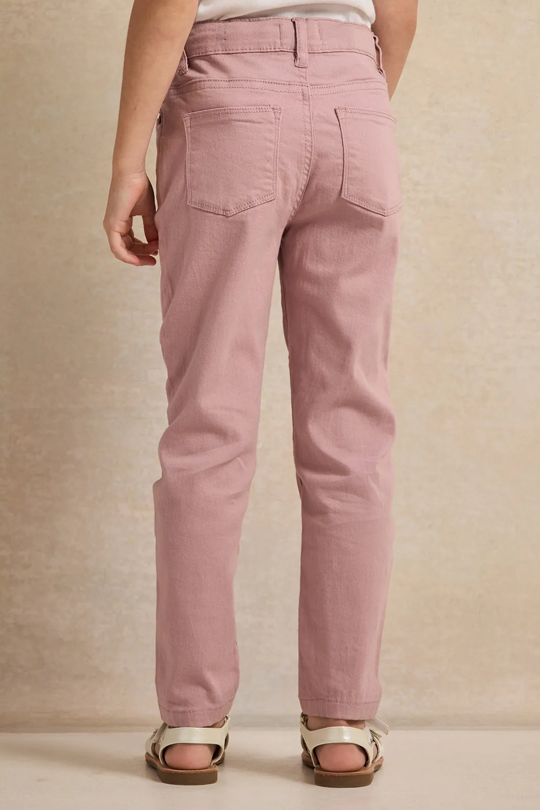 Girls Pink Embroidered Slim Fit Trousers