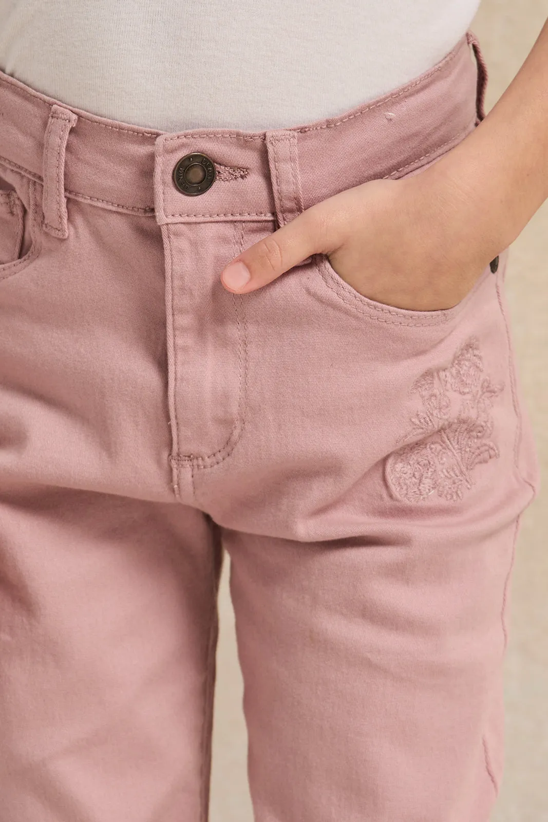 Girls Pink Embroidered Slim Fit Trousers