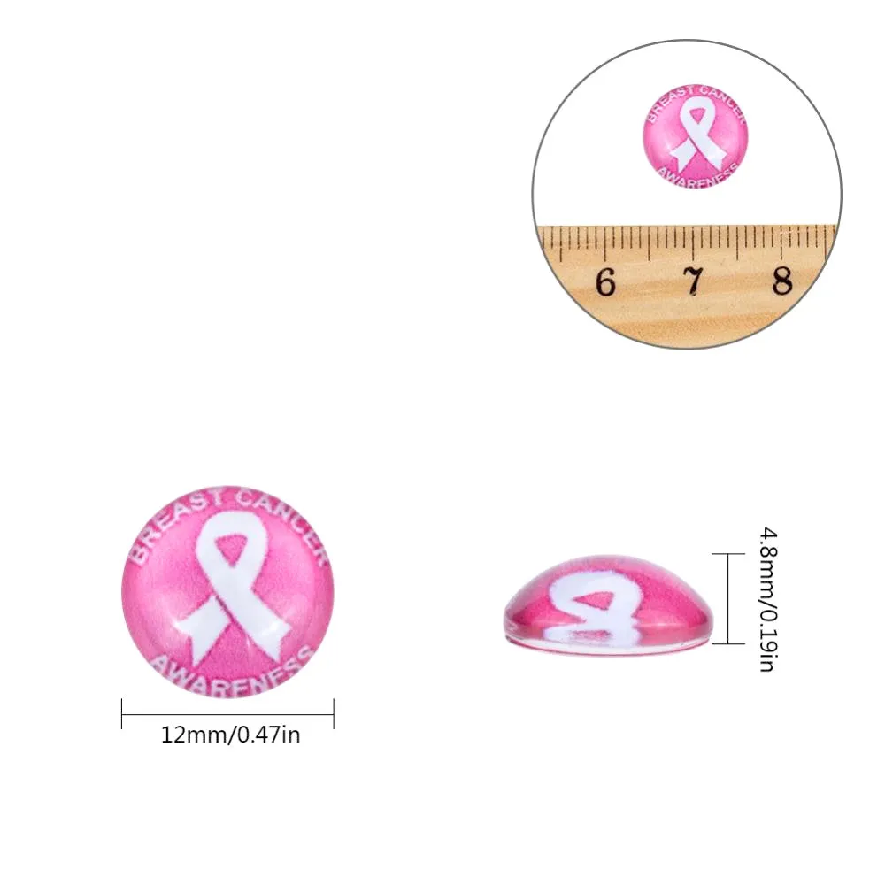 Glass Cabochons Dome Seals Transparent Pink Breast Cancer Awareness Ribbons Flat Back Assorted 12mm.