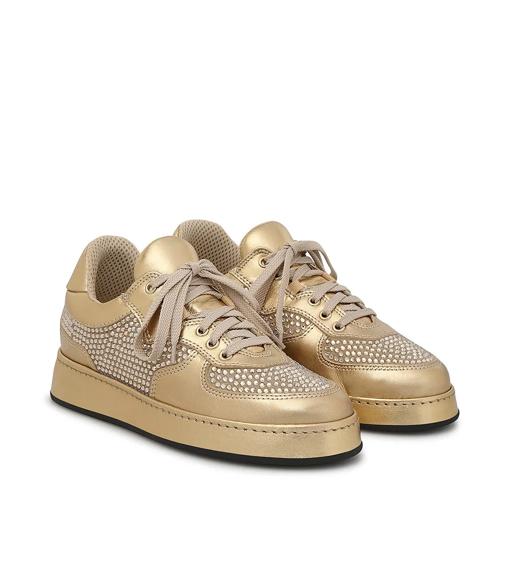 Golden Nappa and Tan Suede Rhinestone Sneakers