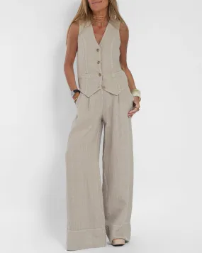 GracefulEase - Simple Elegant Linen Vest and Wide Trousers Set (Ensemble gilet et pantalon large en lin)