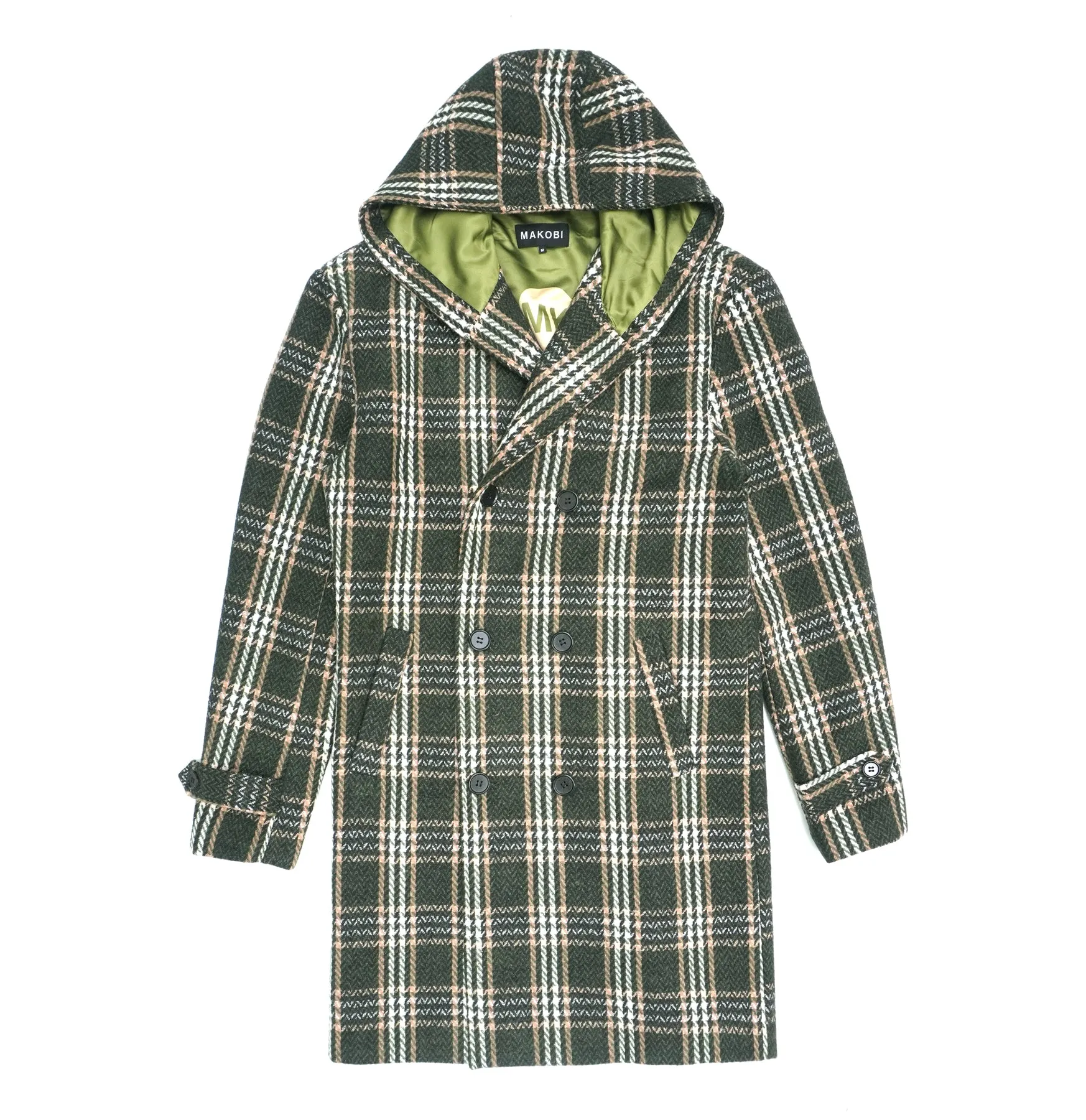 Green Hooded Wool Coat - M4044 Gilbert Plaid Design