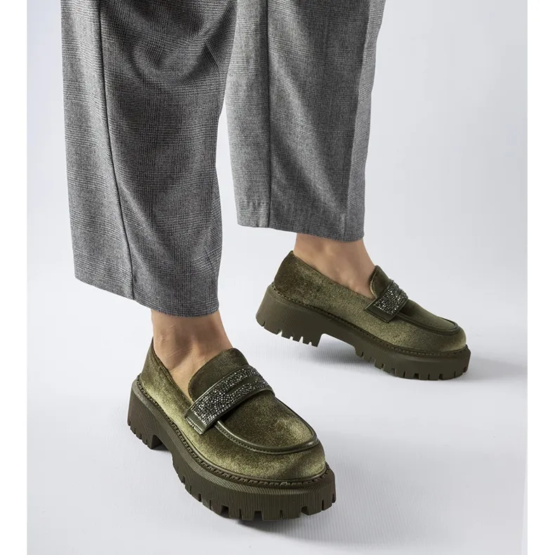 Green moccasins with Longuelo rhinestones