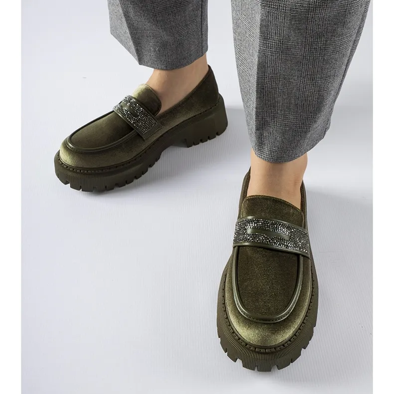 Green moccasins with Longuelo rhinestones