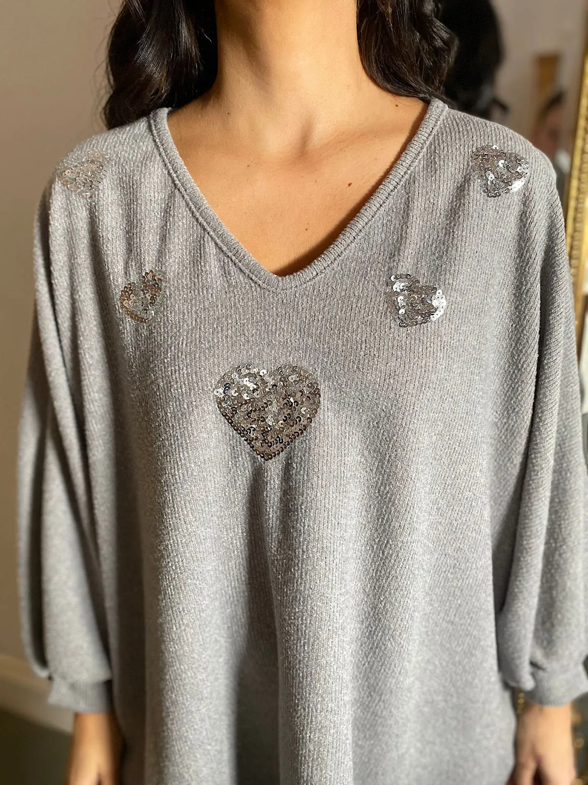 Sequin Heart Knit Kia in Grey