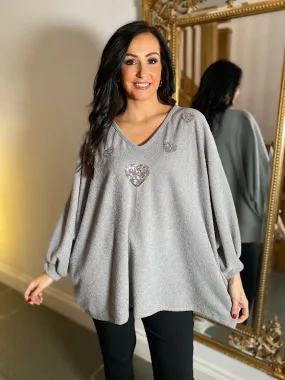 Sequin Heart Knit Kia in Grey