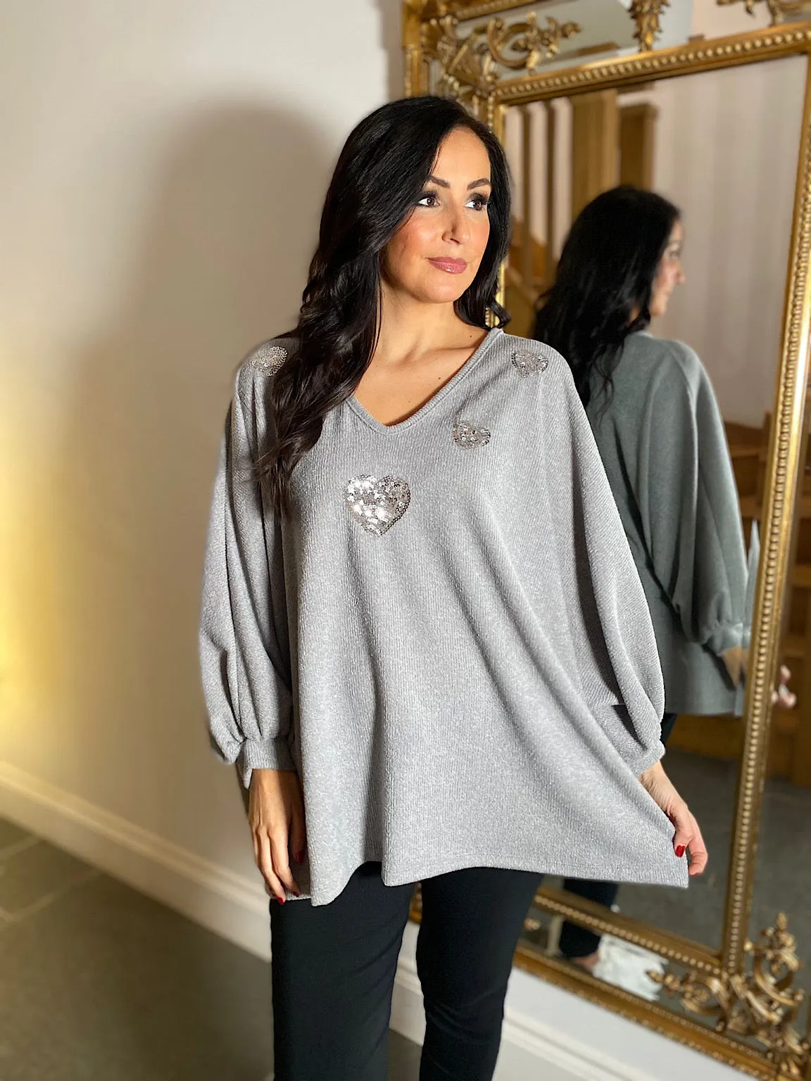 Sequin Heart Knit Kia in Grey