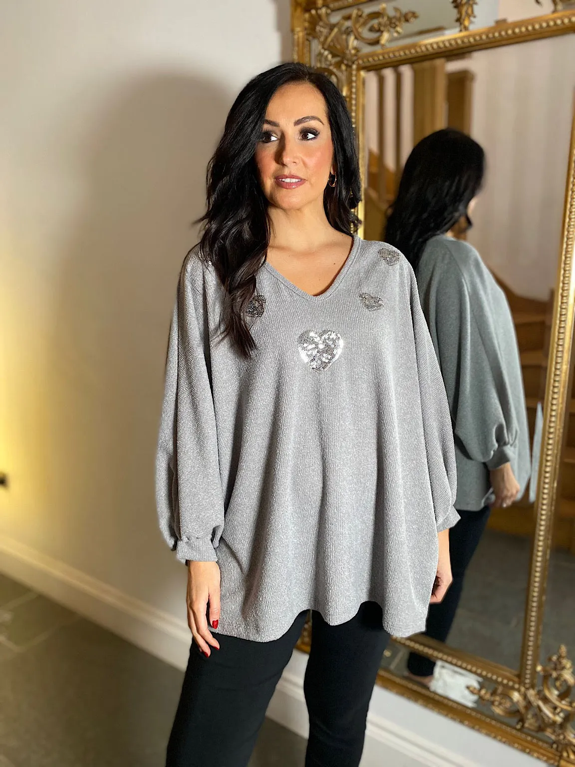 Sequin Heart Knit Kia in Grey