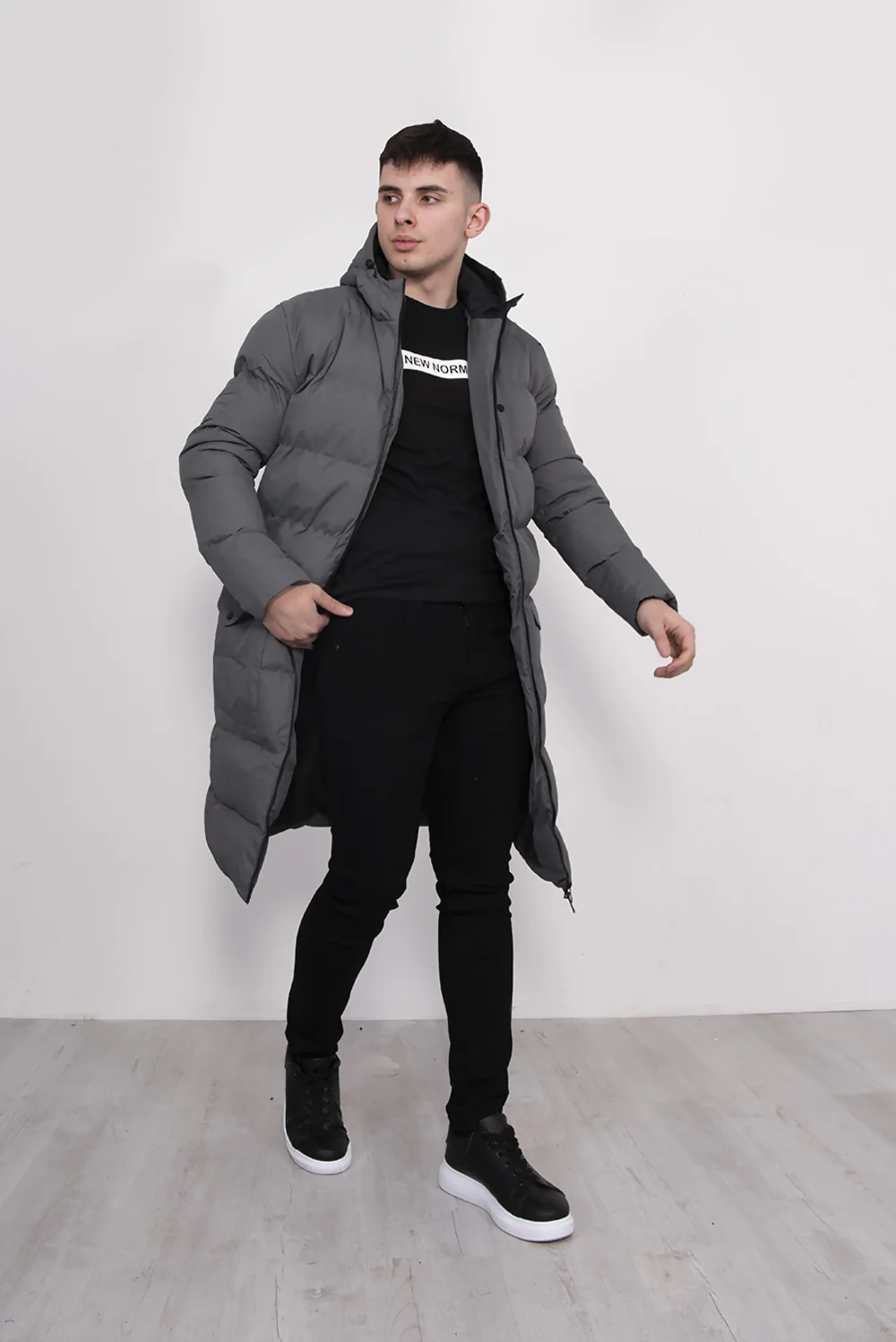 Grey Longline Hooded Puffer Jacket for Men