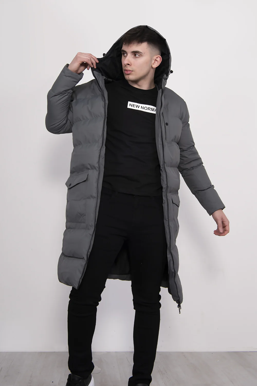 Grey Longline Hooded Puffer Jacket for Men