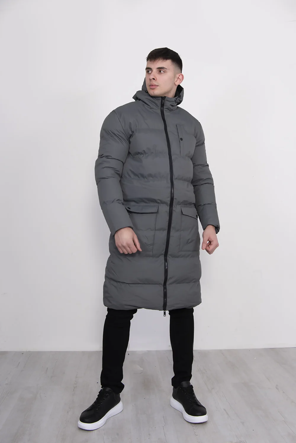 Grey Longline Hooded Puffer Jacket for Men