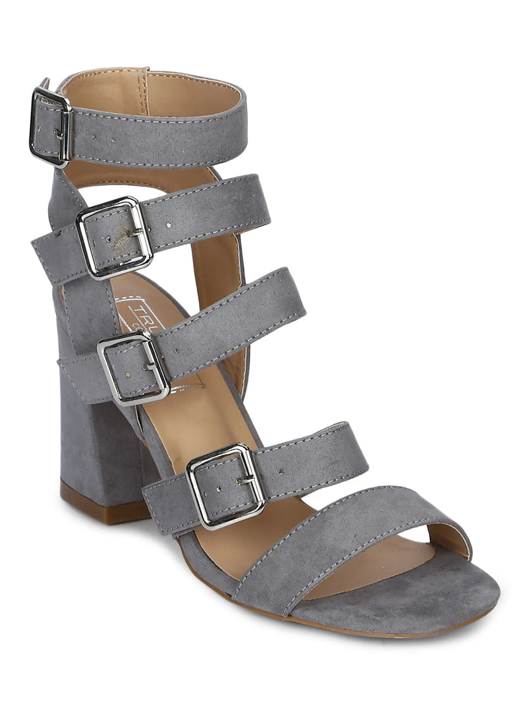 Grey Micro Strappy Multiple Buckle Block Heels