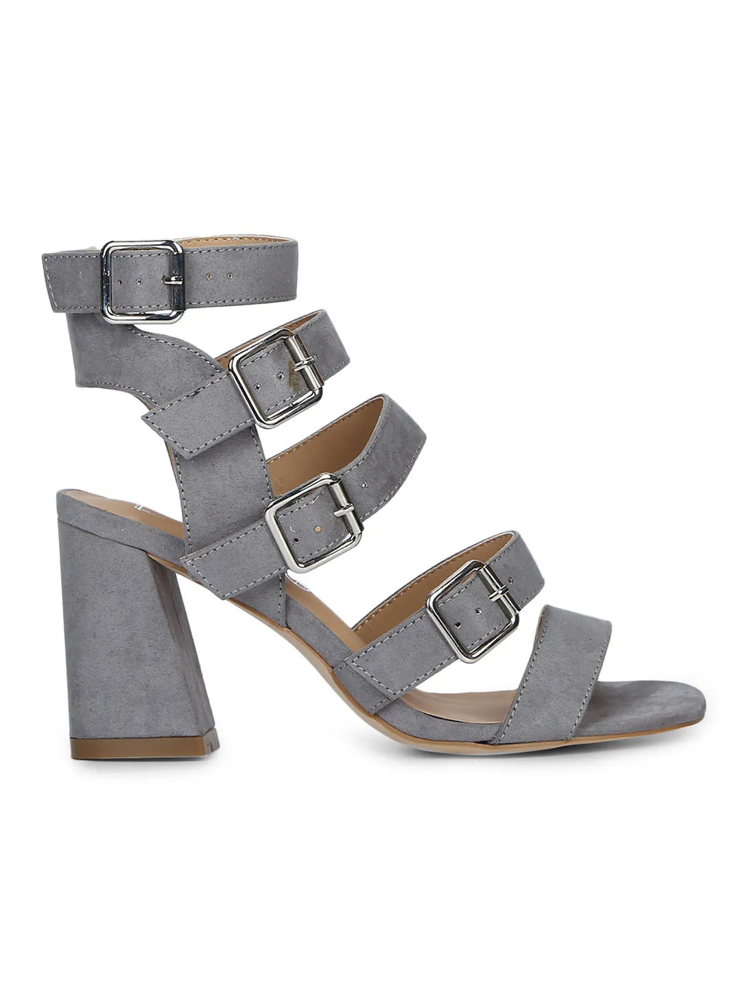 Grey Micro Strappy Multiple Buckle Block Heels