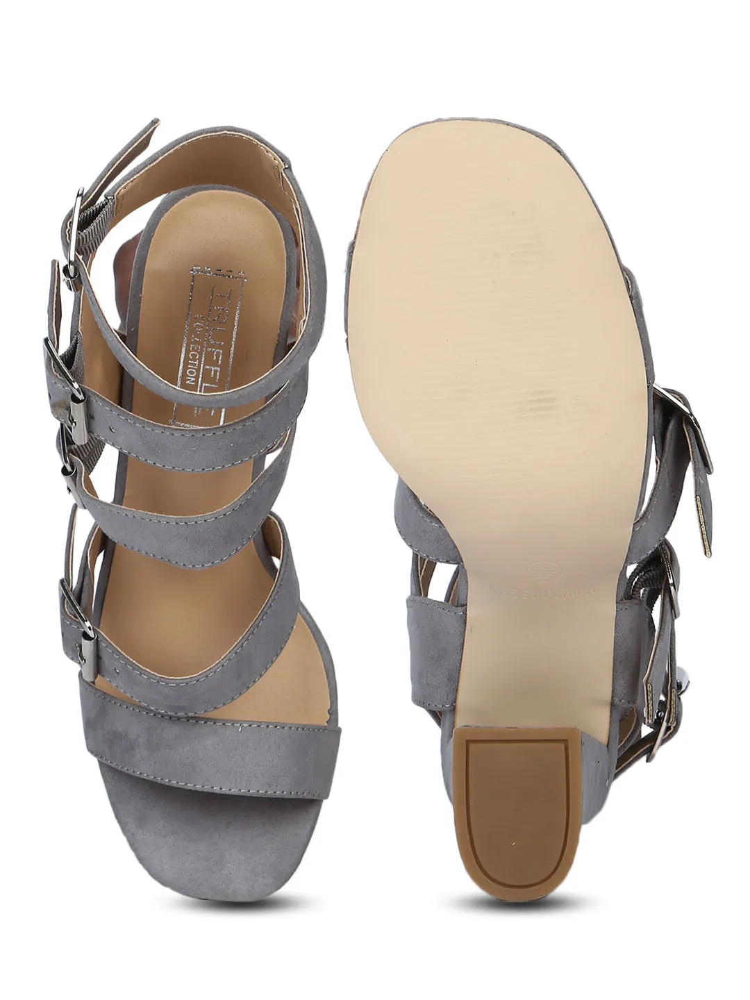 Grey Micro Strappy Multiple Buckle Block Heels