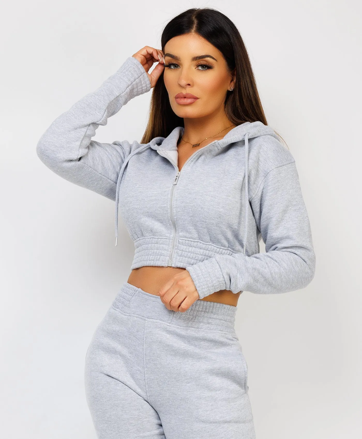 Grey Zipped Cropped Hooded Tracksuit Loungewear Set