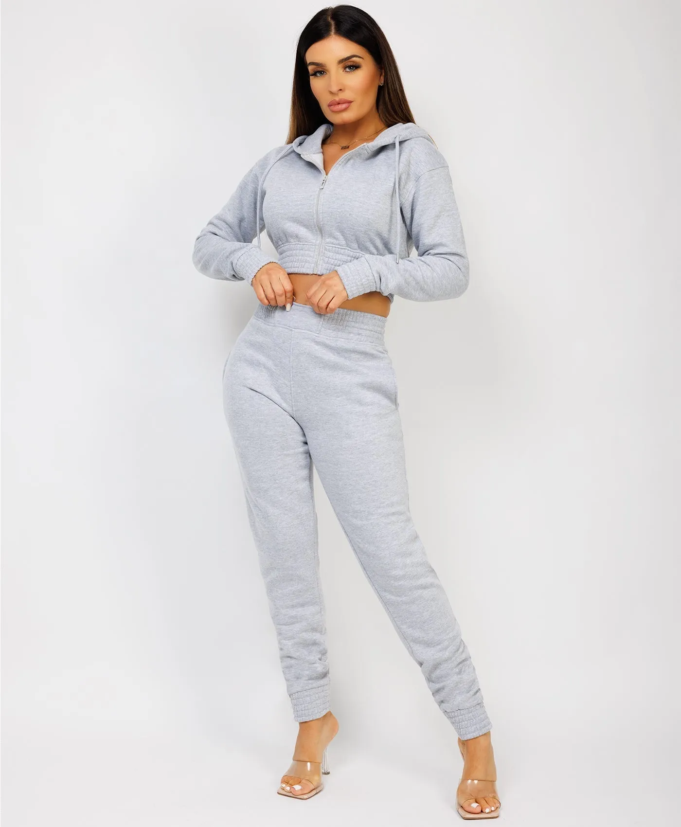 Grey Zipped Cropped Hooded Tracksuit Loungewear Set