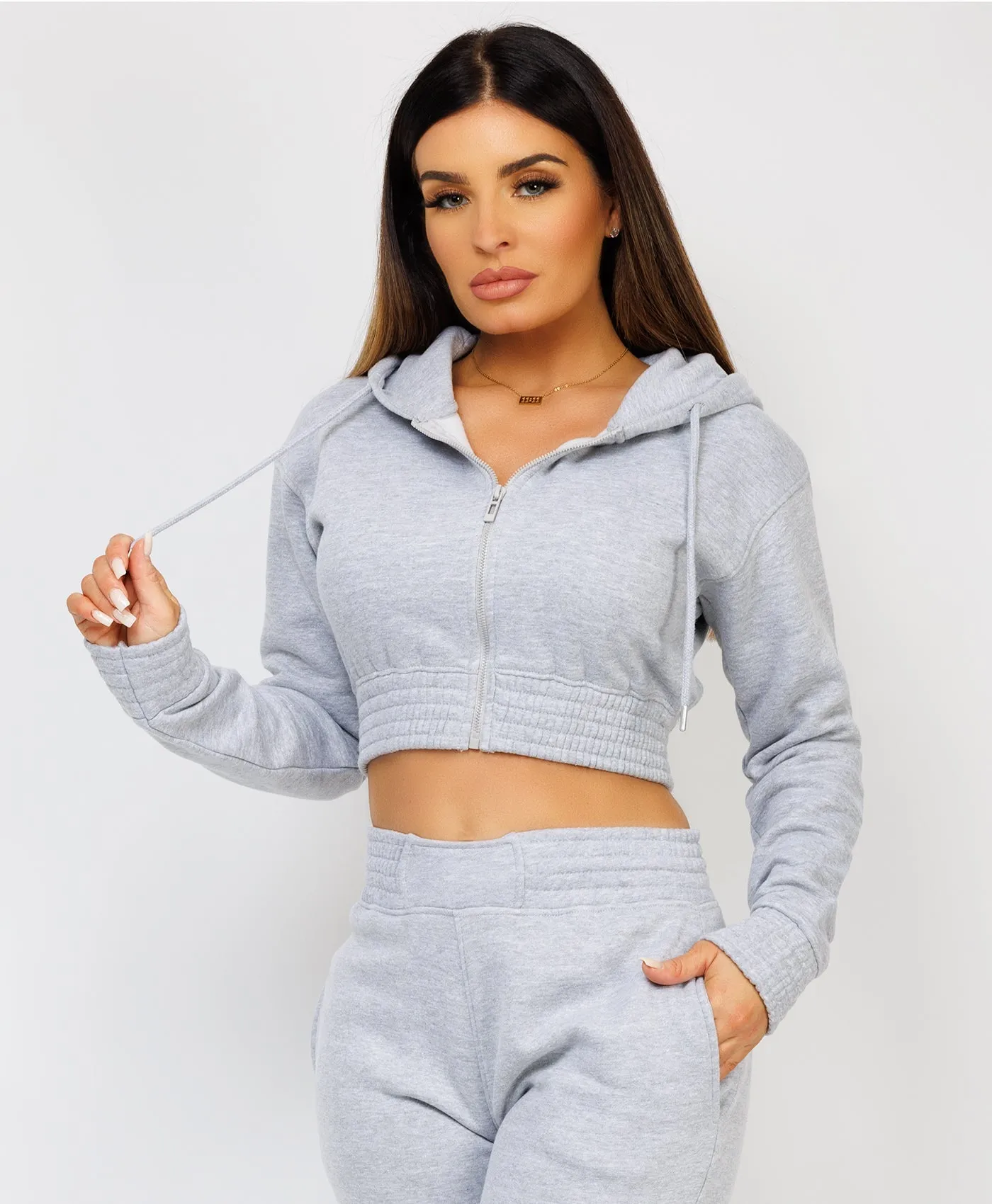 Grey Zipped Cropped Hooded Tracksuit Loungewear Set