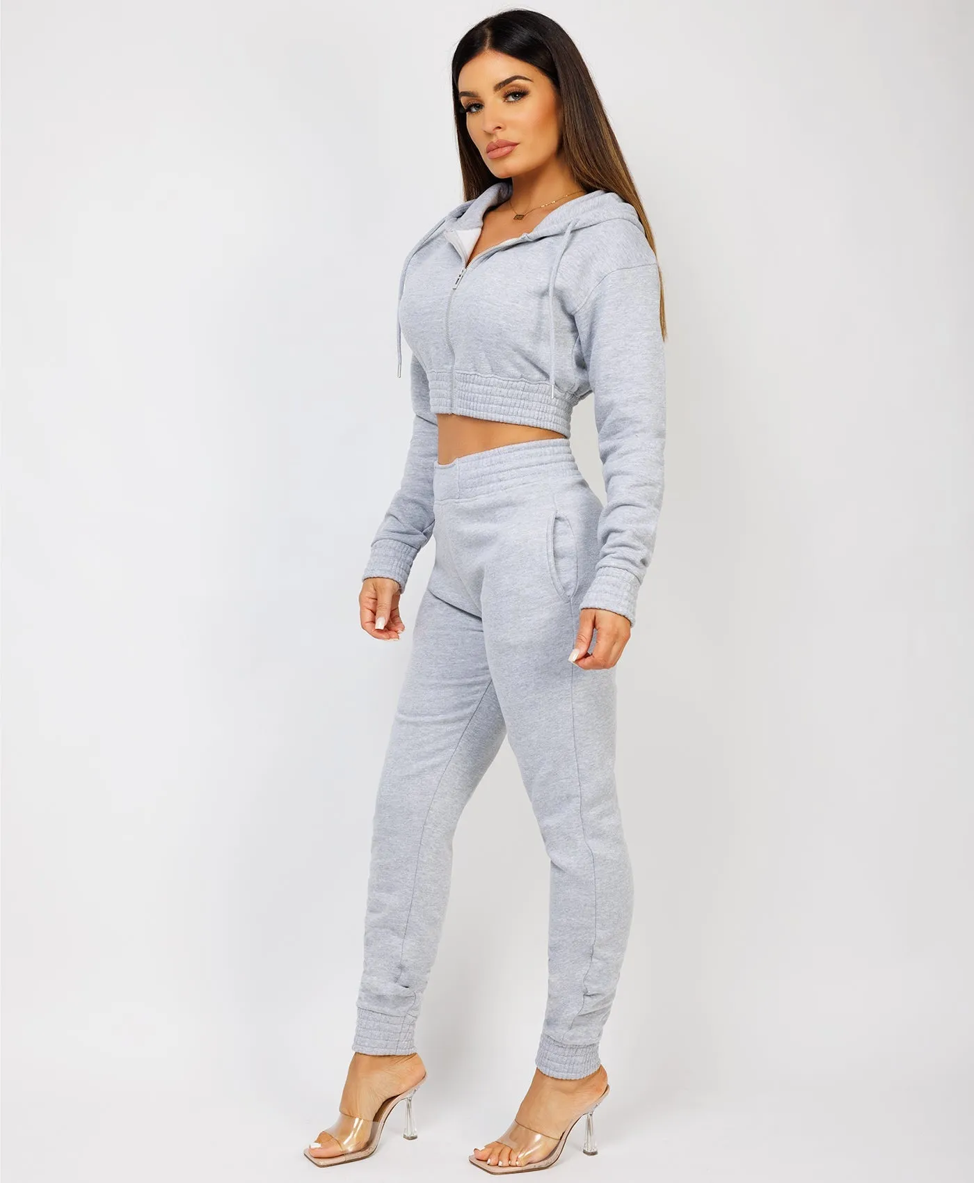 Grey Zipped Cropped Hooded Tracksuit Loungewear Set