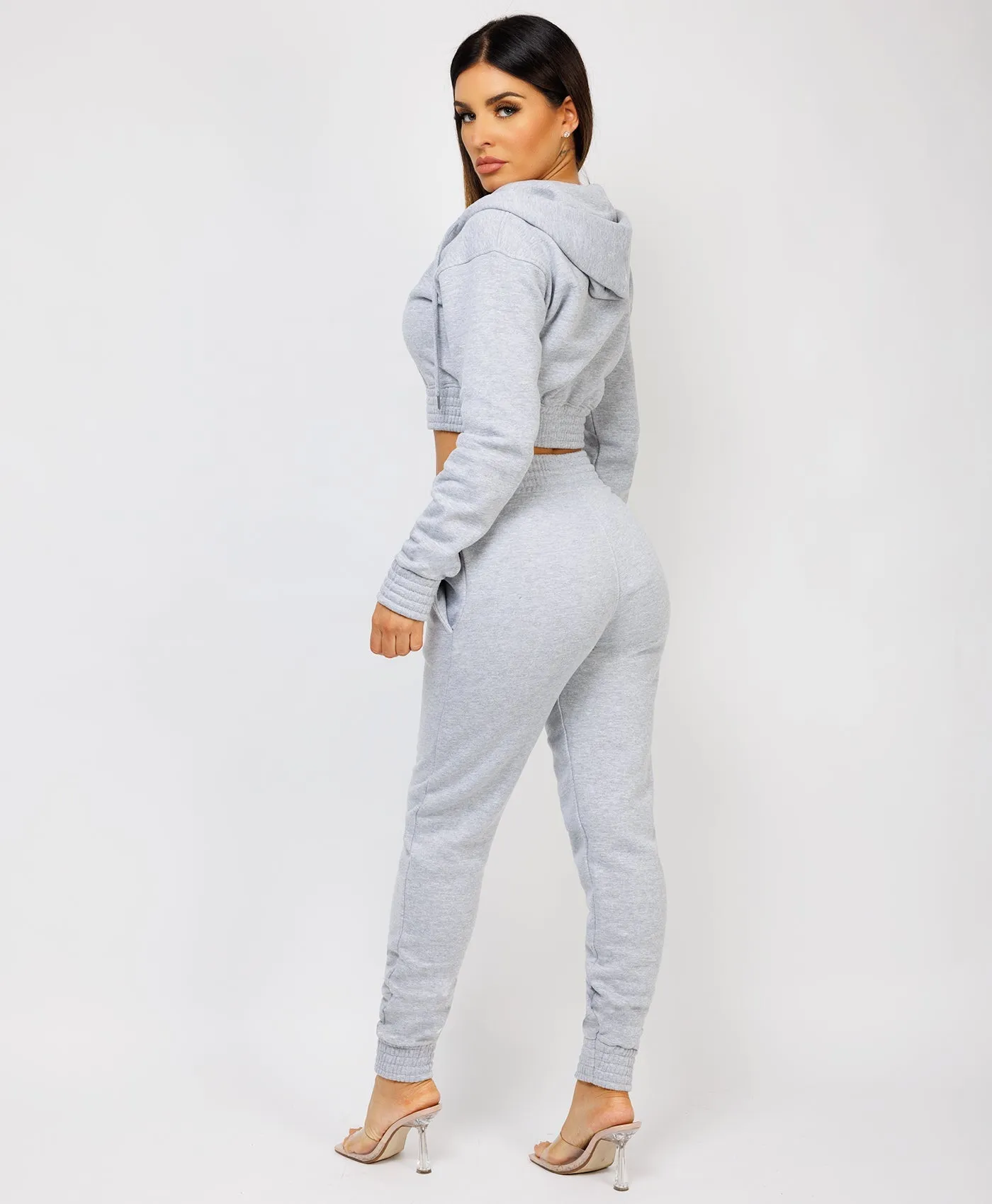 Grey Zipped Cropped Hooded Tracksuit Loungewear Set