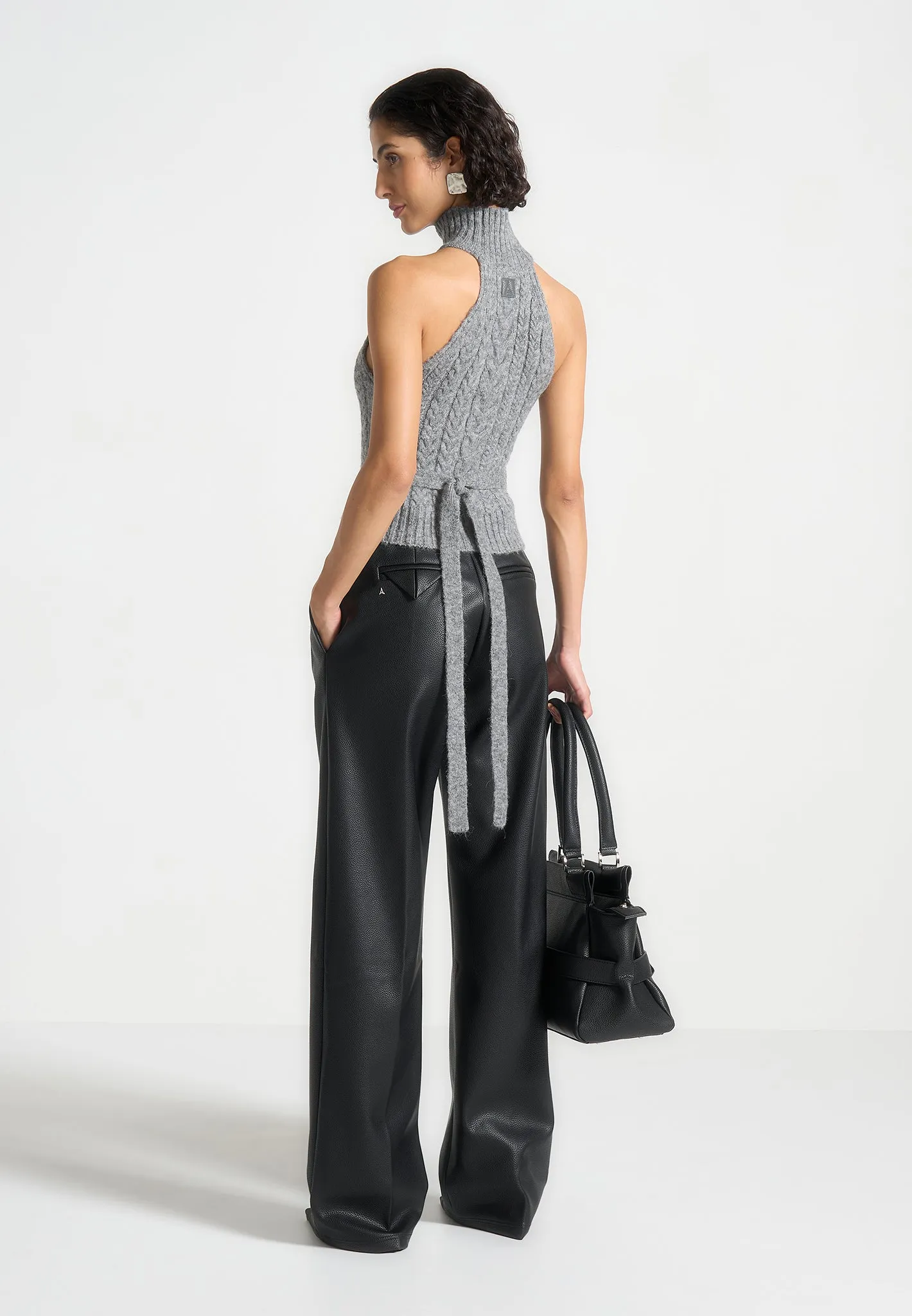 Halter Cable Knit Wool Top with Tie - Grey