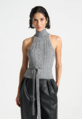 Halter Cable Knit Wool Top with Tie - Grey