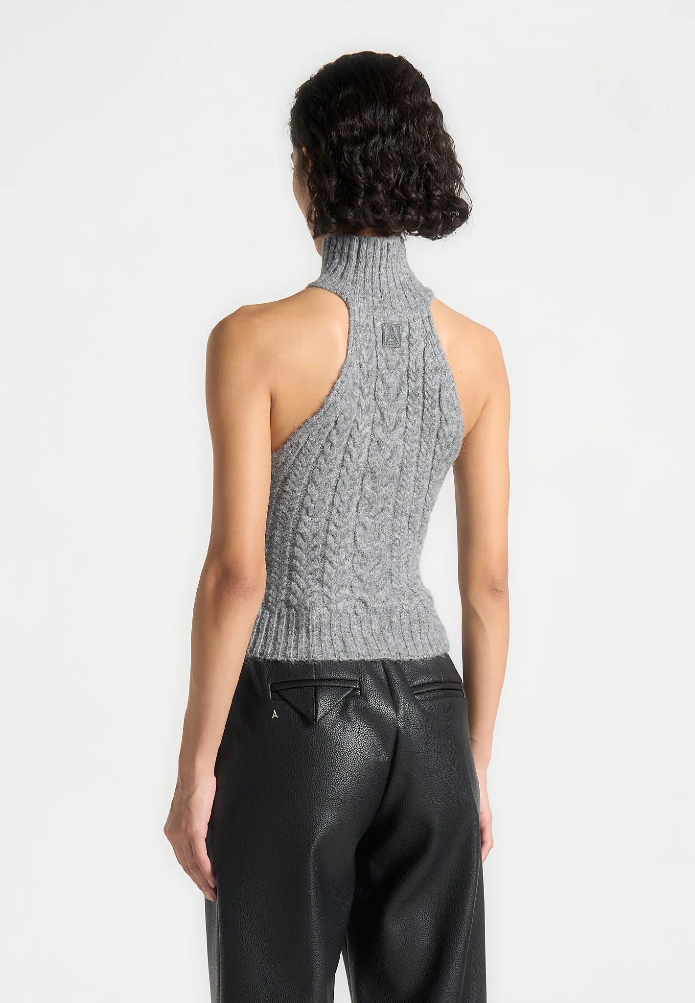 Halter Cable Knit Wool Top with Tie - Grey