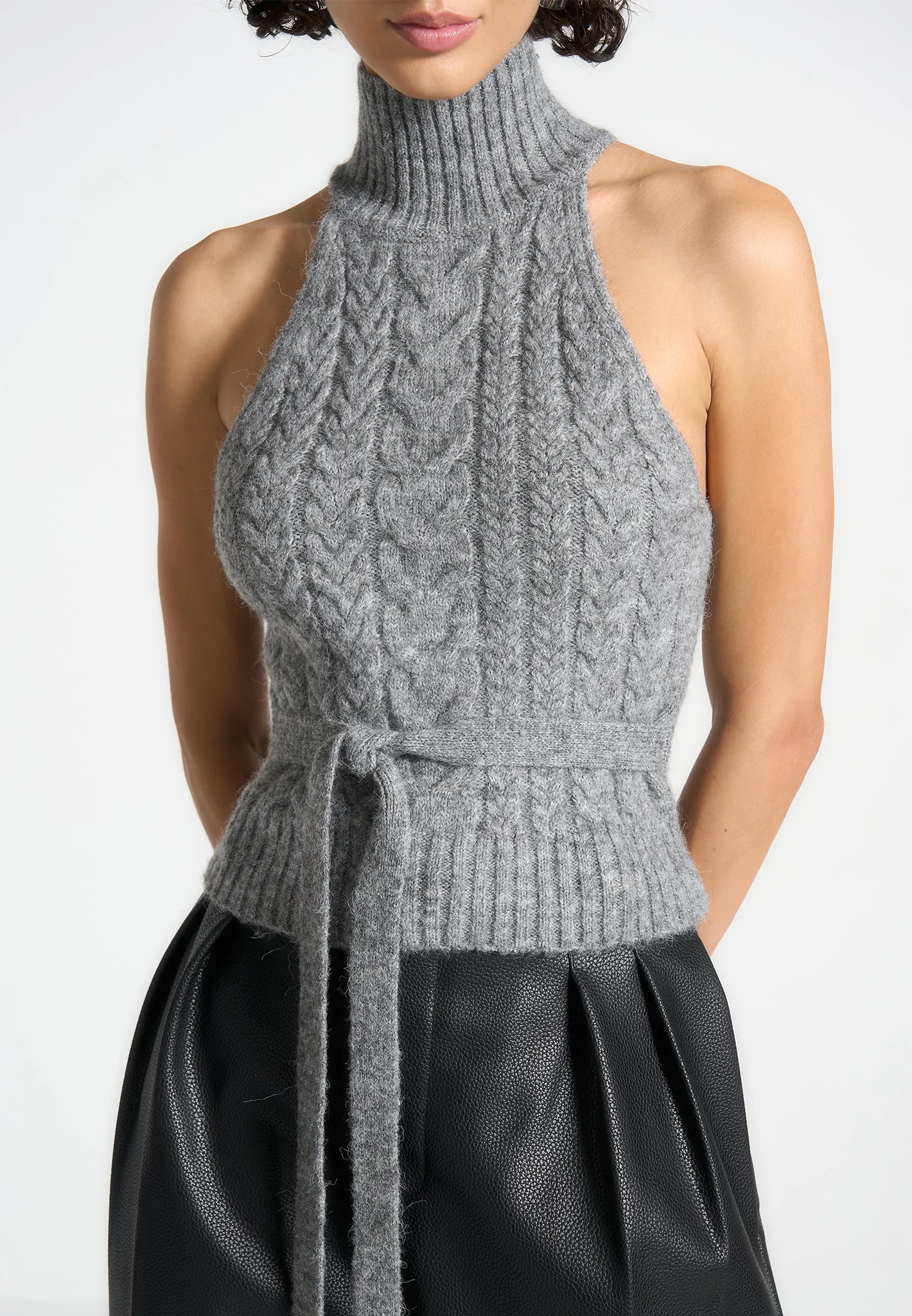 Halter Cable Knit Wool Top with Tie - Grey