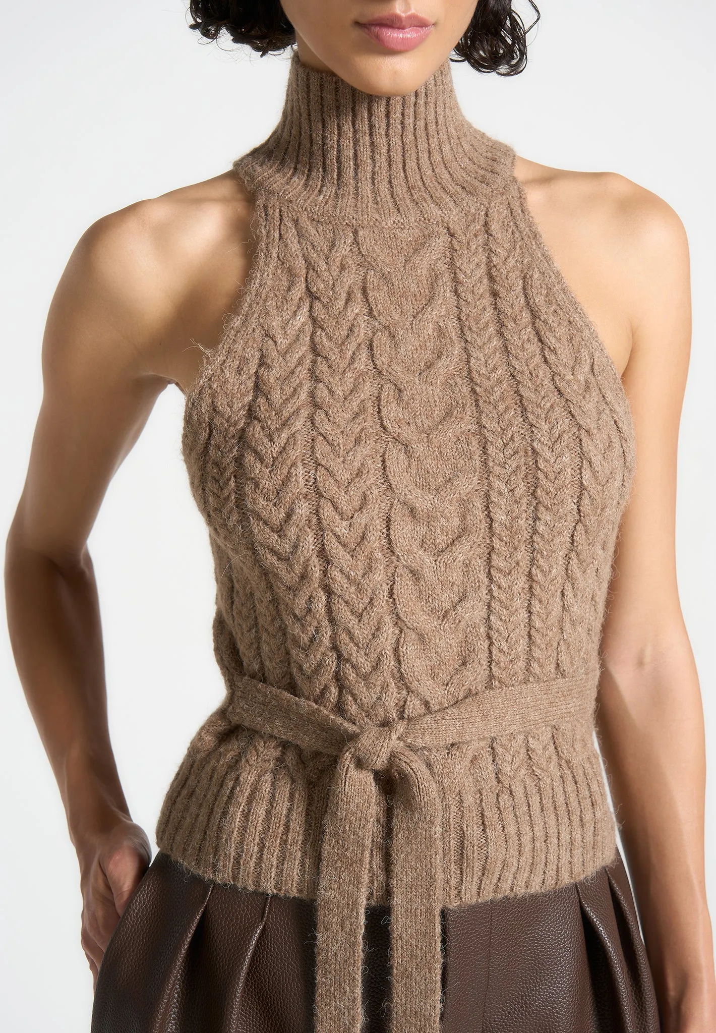 Halter Cable Knit Wool Top with Tie - Taupe