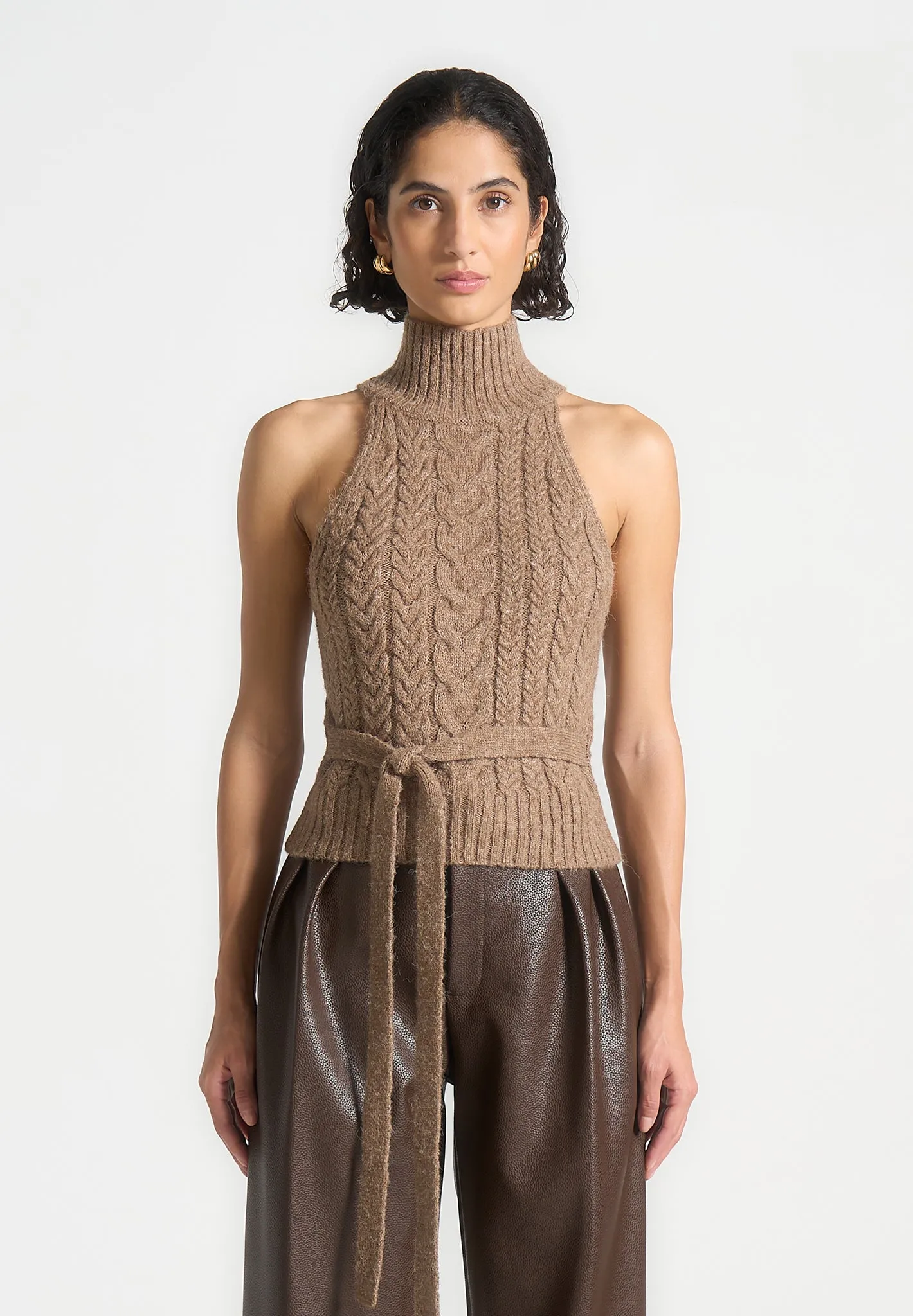 Halter Cable Knit Wool Top with Tie - Taupe