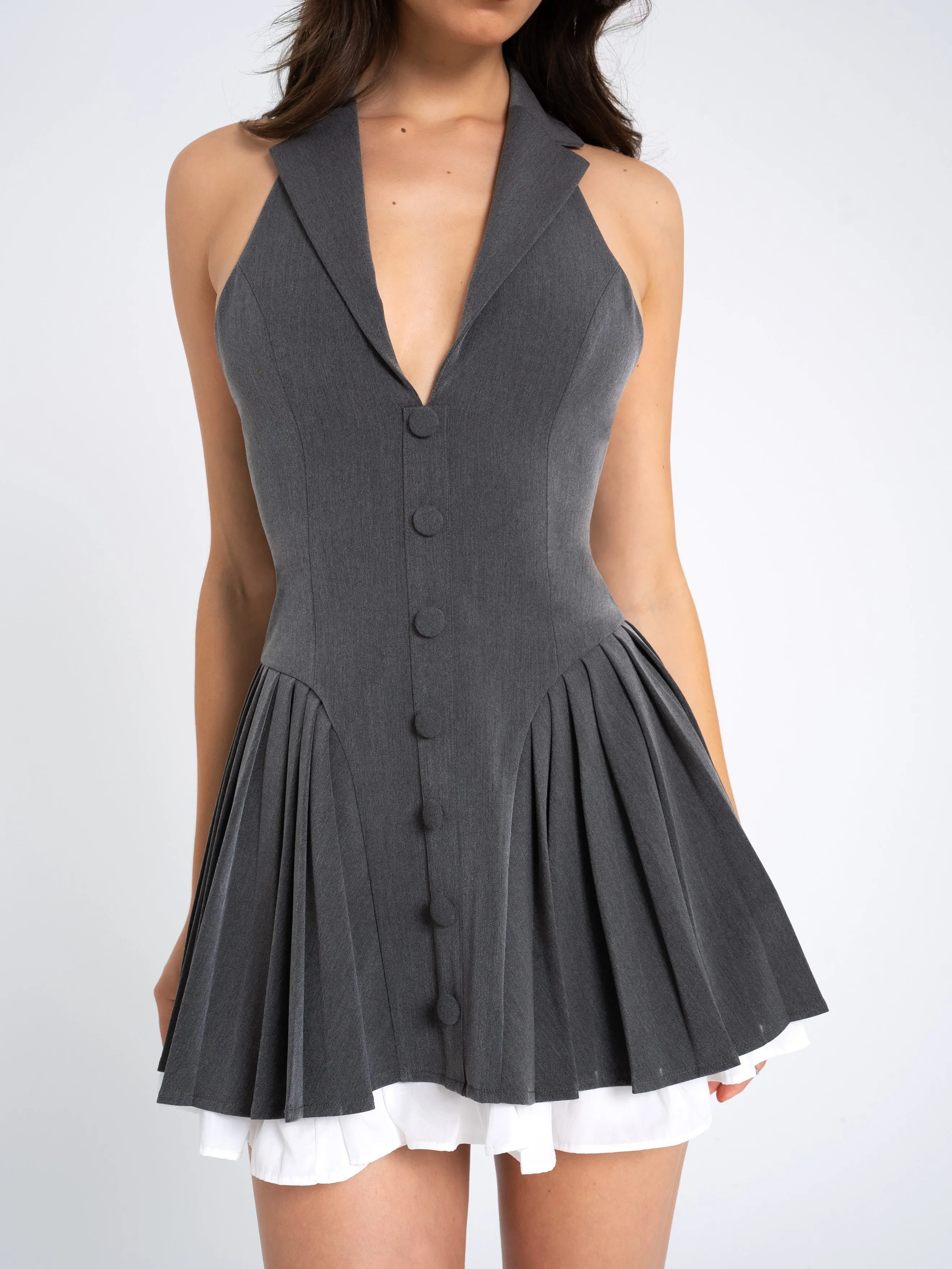 Hazel Grey Preppy Halter Neck Pleated Mini Dress