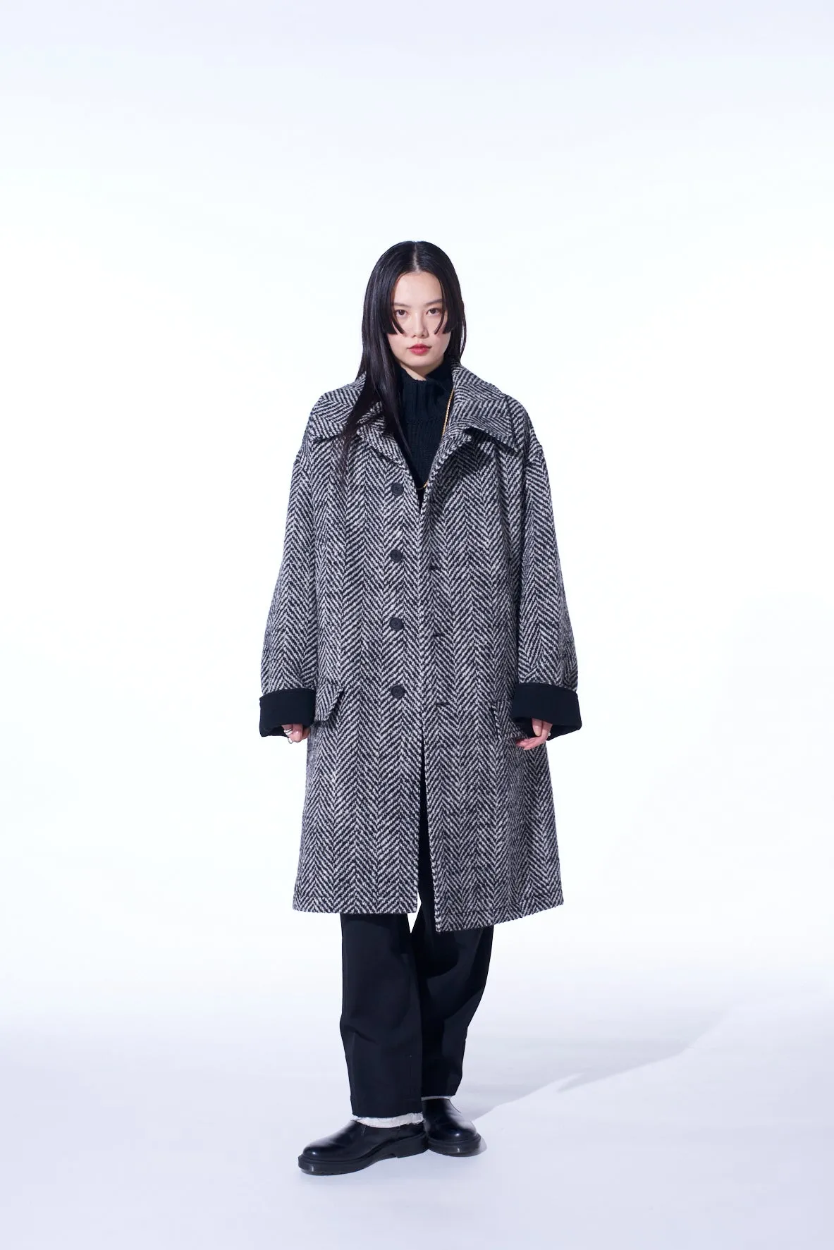 HERRINGBONE TWEED OVERSIZED SOUTIEN COLLAR COAT