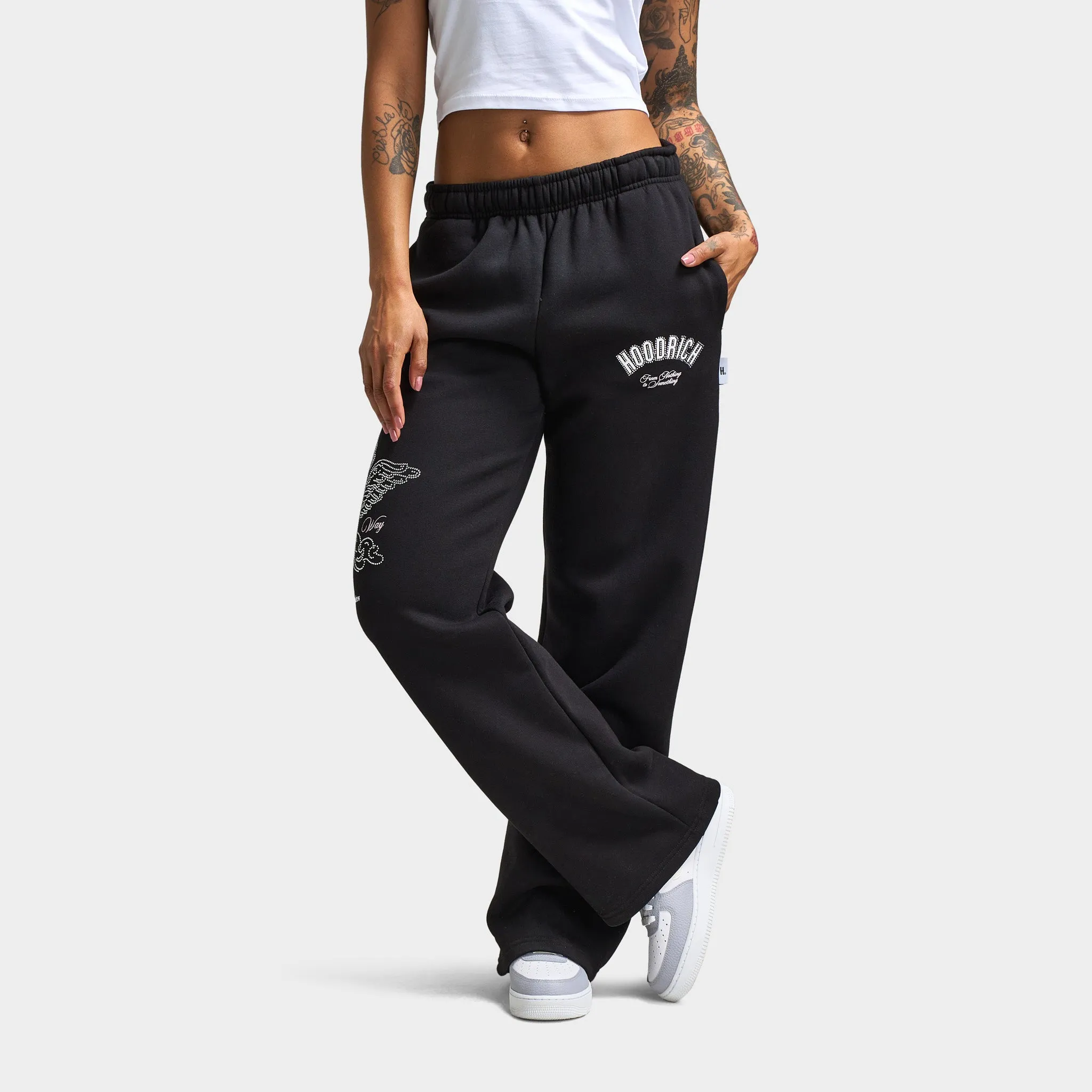 Hoodrich Women's Cherish Wide Leg Joggers Black / White - Festival Bloom