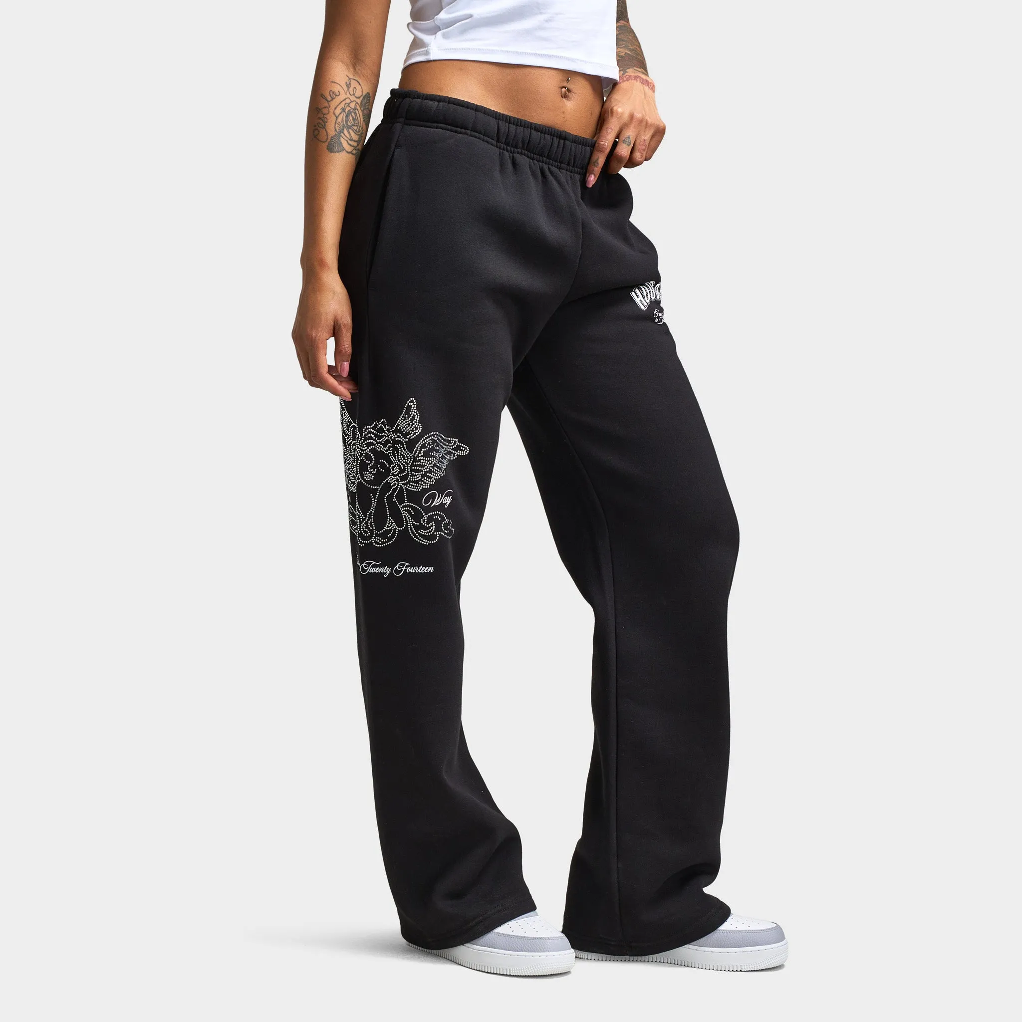 Hoodrich Women's Cherish Wide Leg Joggers Black / White - Festival Bloom