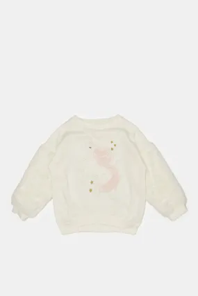 Infant Girls Ivory Embellished Fur Sleeves Sweatshirt