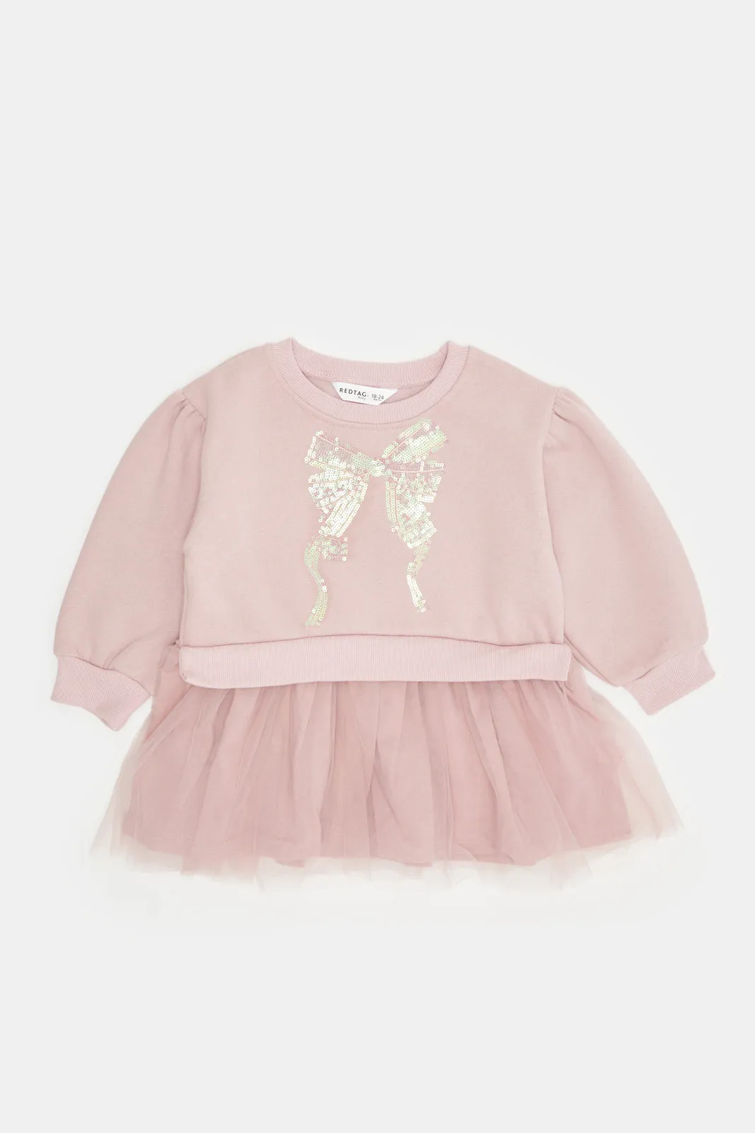 Infant Girls Pink Sweat Dress with Tulle Skirt and Sequin Bow