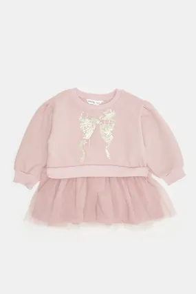 Infant Girls Pink Sweat Dress with Tulle Skirt and Sequin Bow