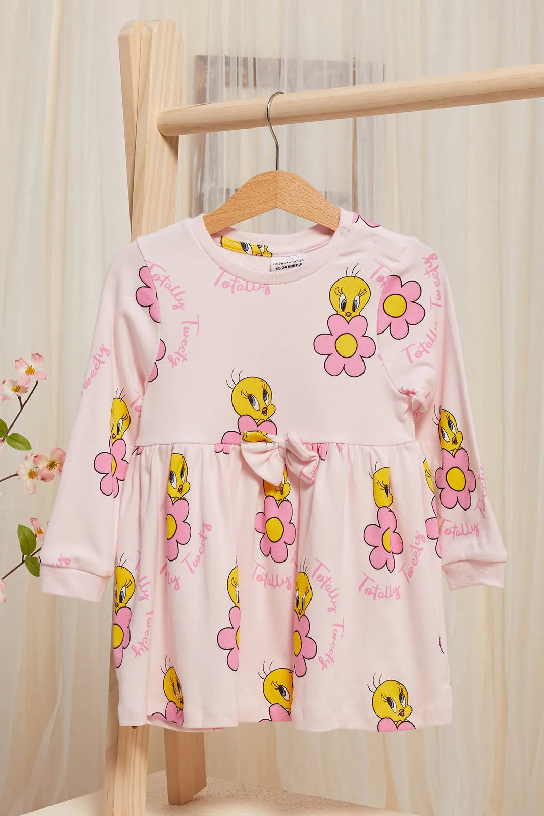 Infant Girls Pink Tweety Print Long Sleeve Knit Dress