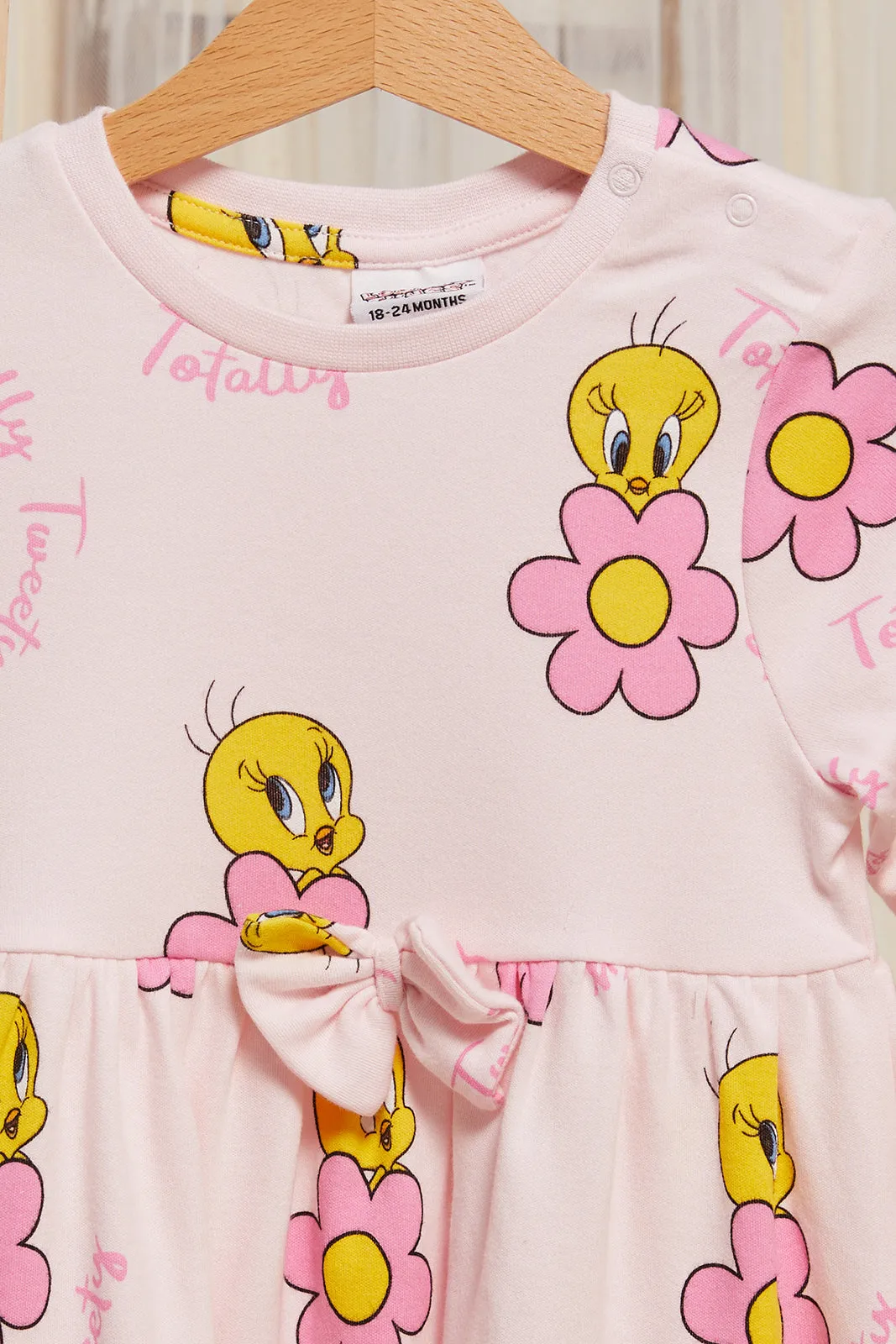 Infant Girls Pink Tweety Print Long Sleeve Knit Dress