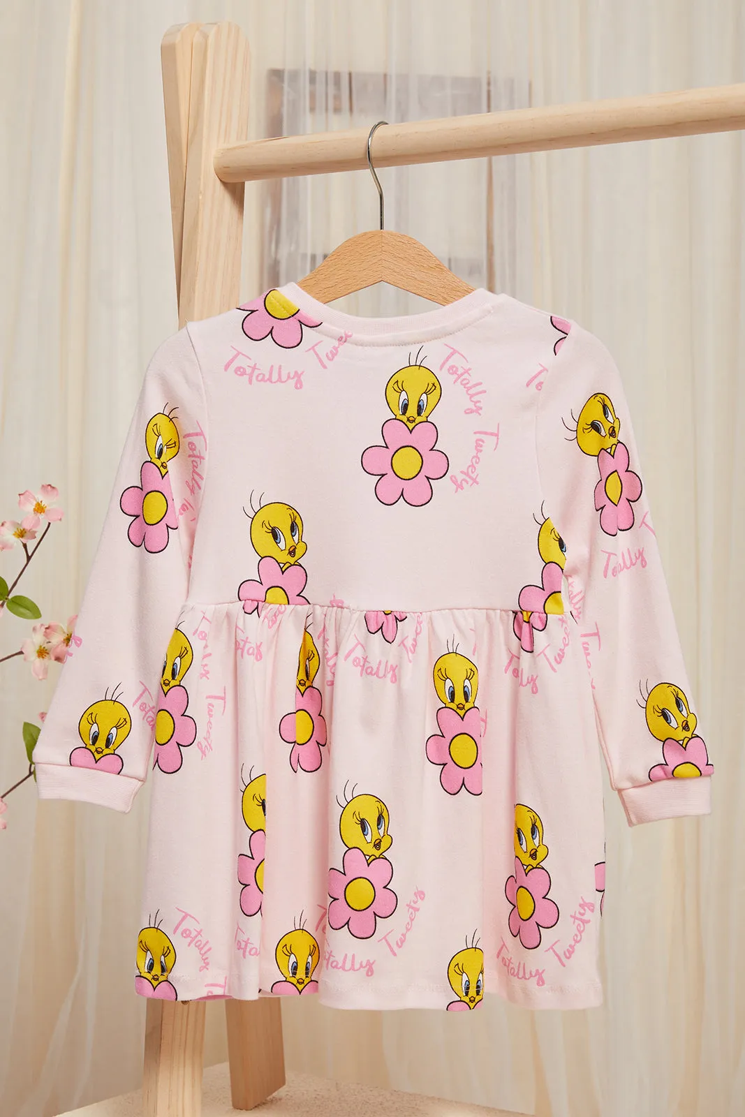 Infant Girls Pink Tweety Print Long Sleeve Knit Dress