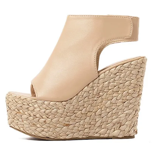 Khaki Braided Straw Slingback Wedge Sandals