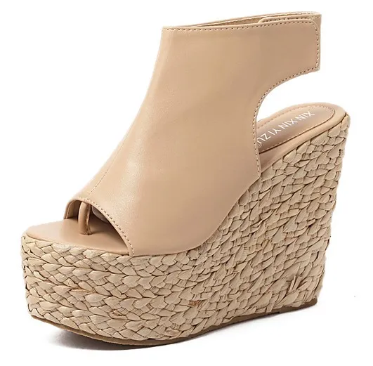 Khaki Braided Straw Slingback Wedge Sandals