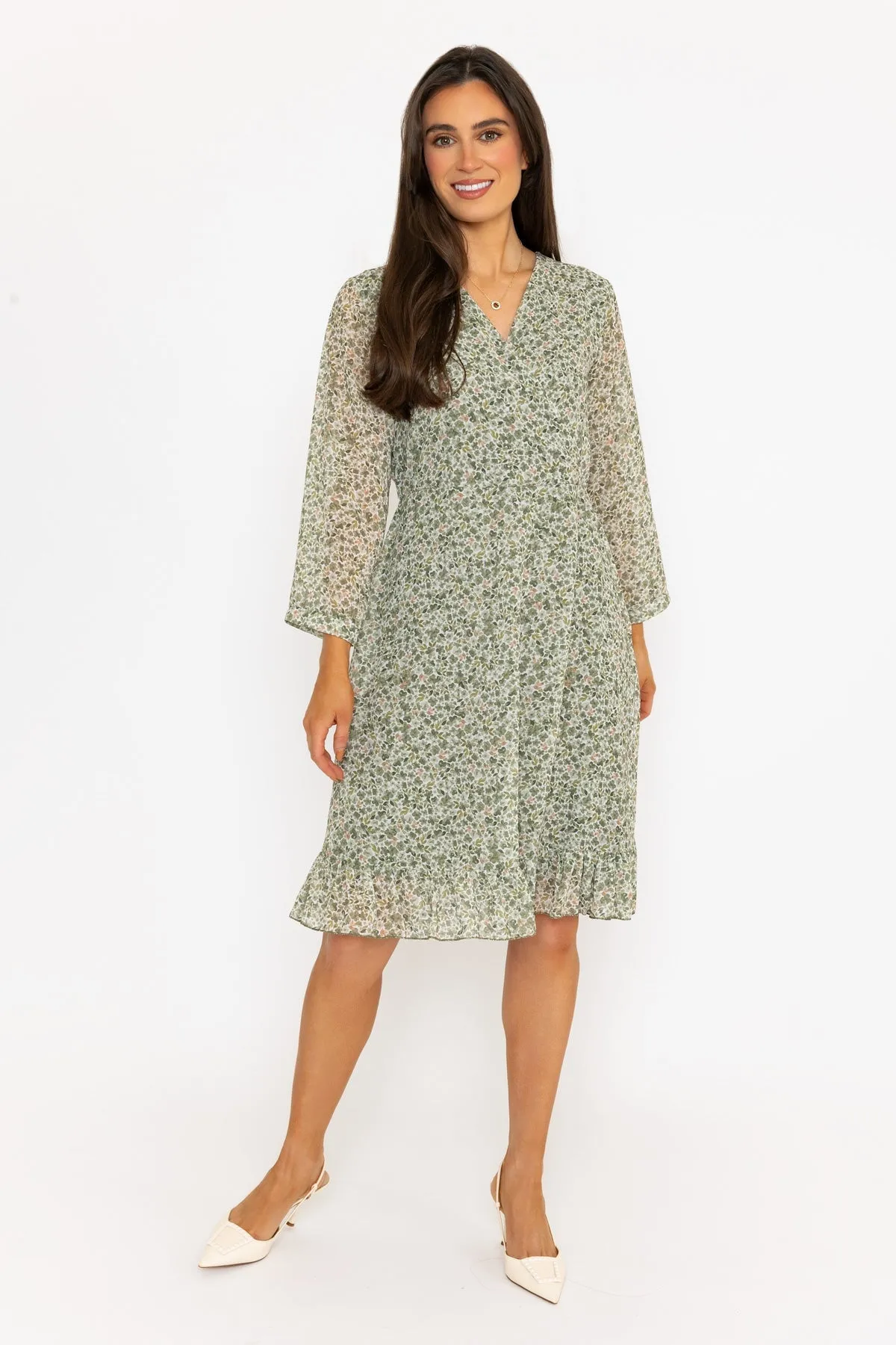 Khaki Roisin 3/4 Length Sleeve Knee Length Dress