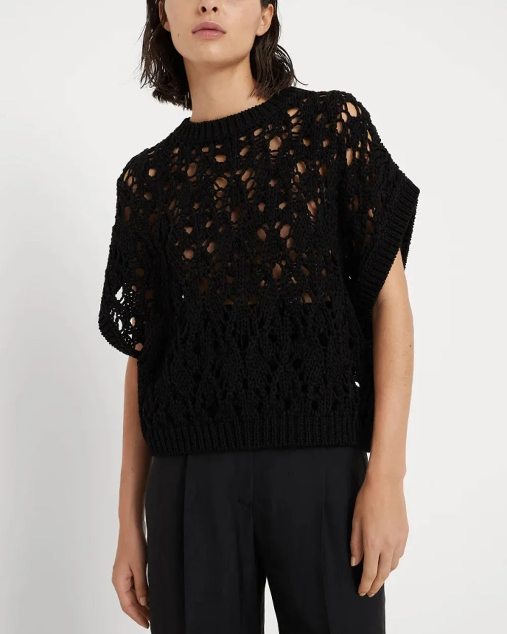 Knit Black Sleeveless Top with Net Detail