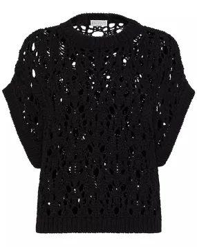 Knit Black Sleeveless Top with Net Detail