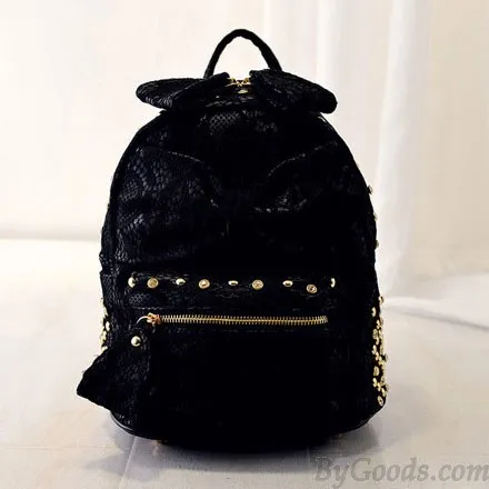 Lace Bowknot Rivet Backpack with Silk Accents