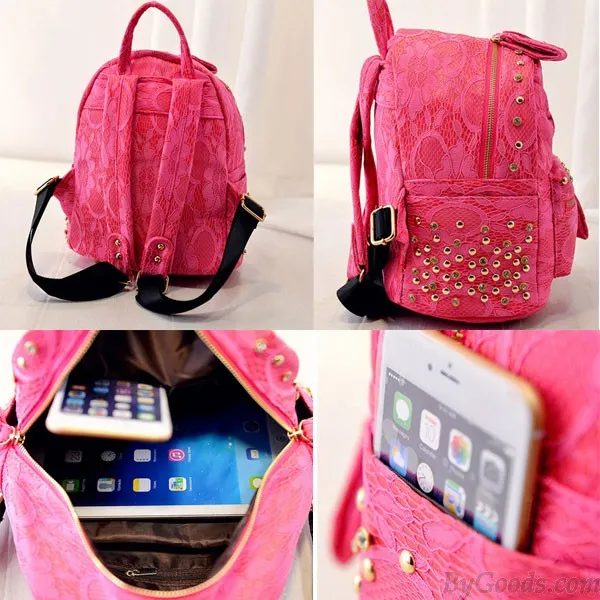 Lace Bowknot Rivet Backpack with Silk Accents