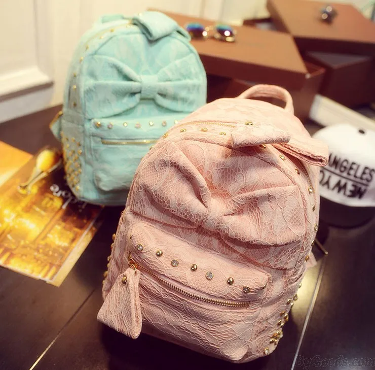 Lace Bowknot Rivet Backpack with Silk Accents